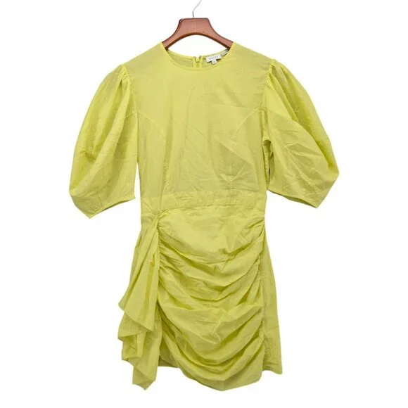 Rhode Pia Mini Sheath Dress Neon Yellow 1/2 Sleeve Ruched Asymmetric Skirt Sz XS - Picture 1 of 11